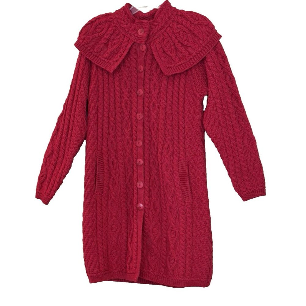 Aran Crafts 100% Merino Wool Button Front Long Cardigan Capelet Garnet Red NEW